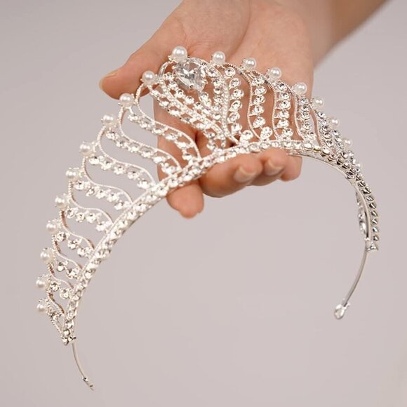 Silver Pearl Crystal Crown Rhinestone Tiara for Women Wedding Parties main image 6